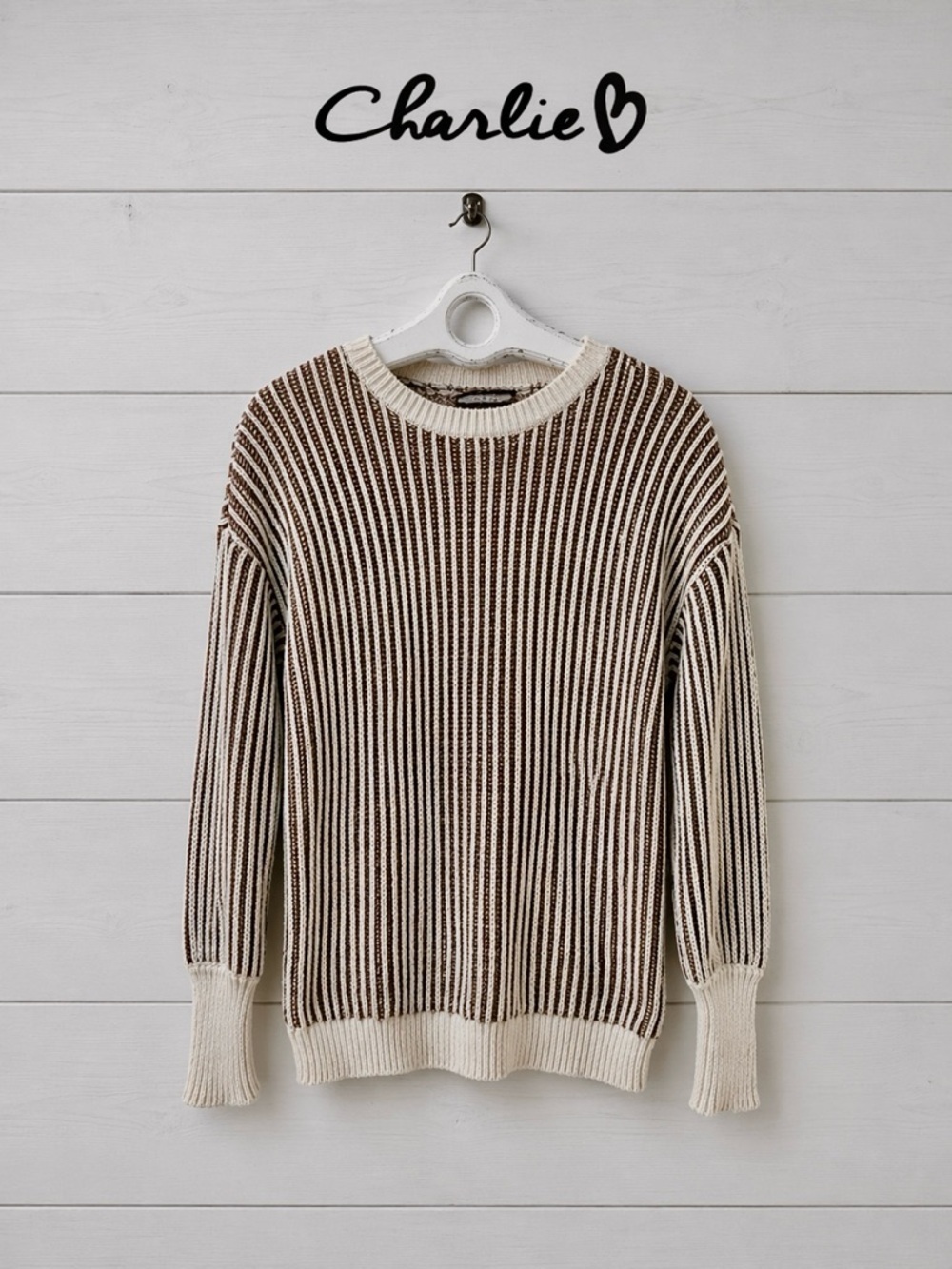 CHARLIE B Ribbed Knit Sweater Cream & Brown – Size L